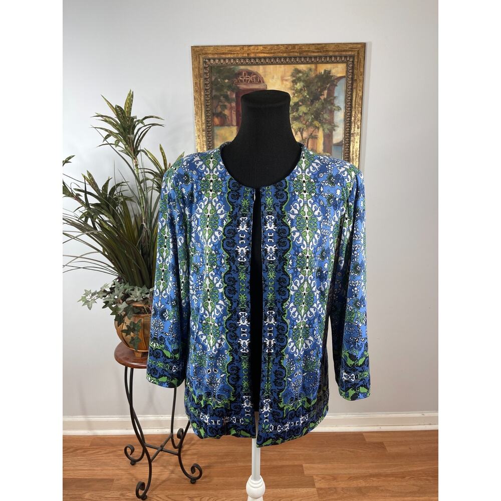 Joan Rivers Cardigan Jacket Women M Blue Green Damask Print 3/4 Sleeve Boho Luxe